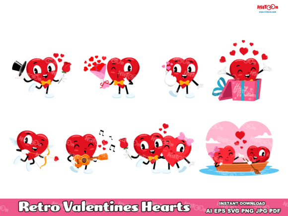 Retro Valentines Hearts Flat Clip Art Review